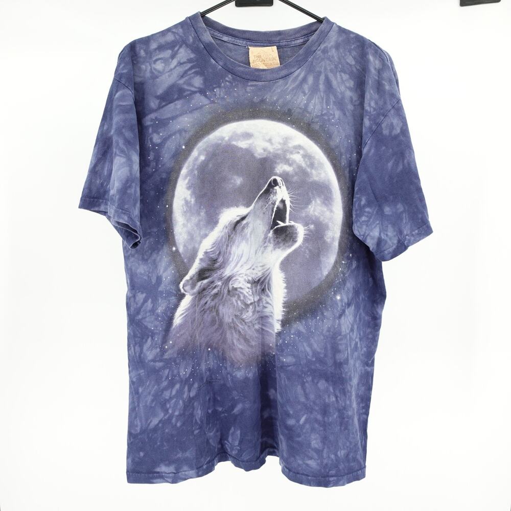 The Mountain T-Shirt SZ L Wolf Howling at Moon Graphic Tie Dye Retro Y2k 90s